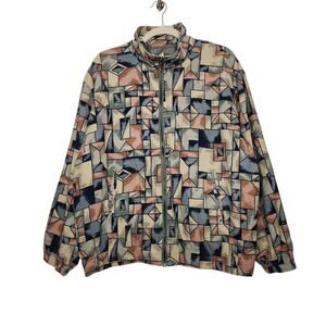Vintage Silk Bomber Zip Jacket Large Geometric Art All Over Grandpa Grunge 90s